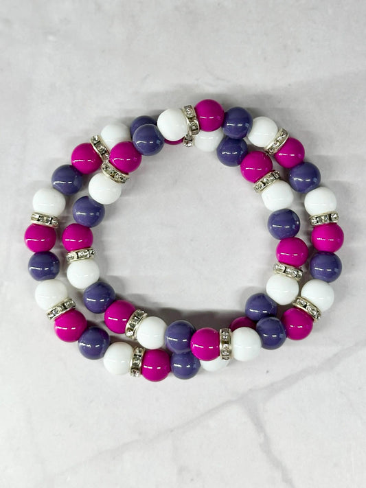 Single Strand Magenta, White and Gray Mixture Beaded Stretch Bracelet