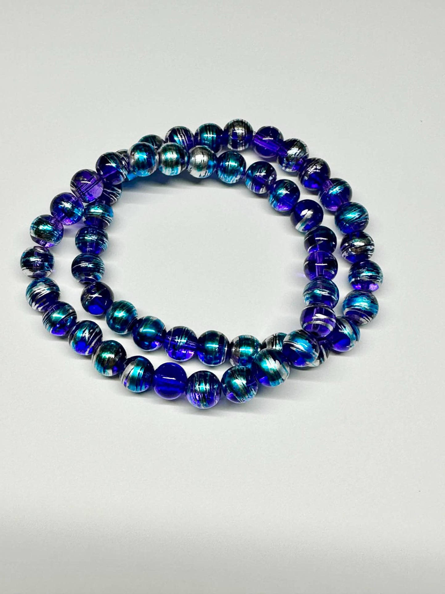 Single Strand Blue, Purple & Silver Mix Beaded Stretch Bracelet