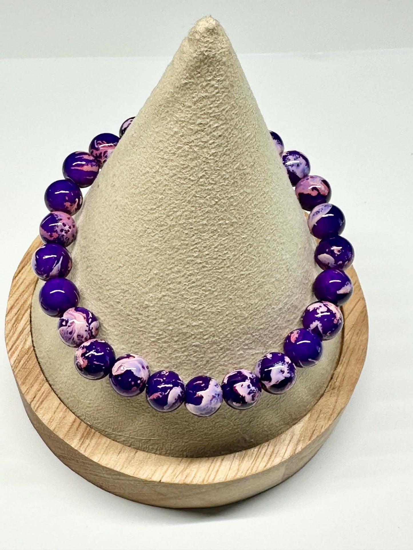 Single Strand Purple & Pink Marble Mix Beaded Stretch Bracelet