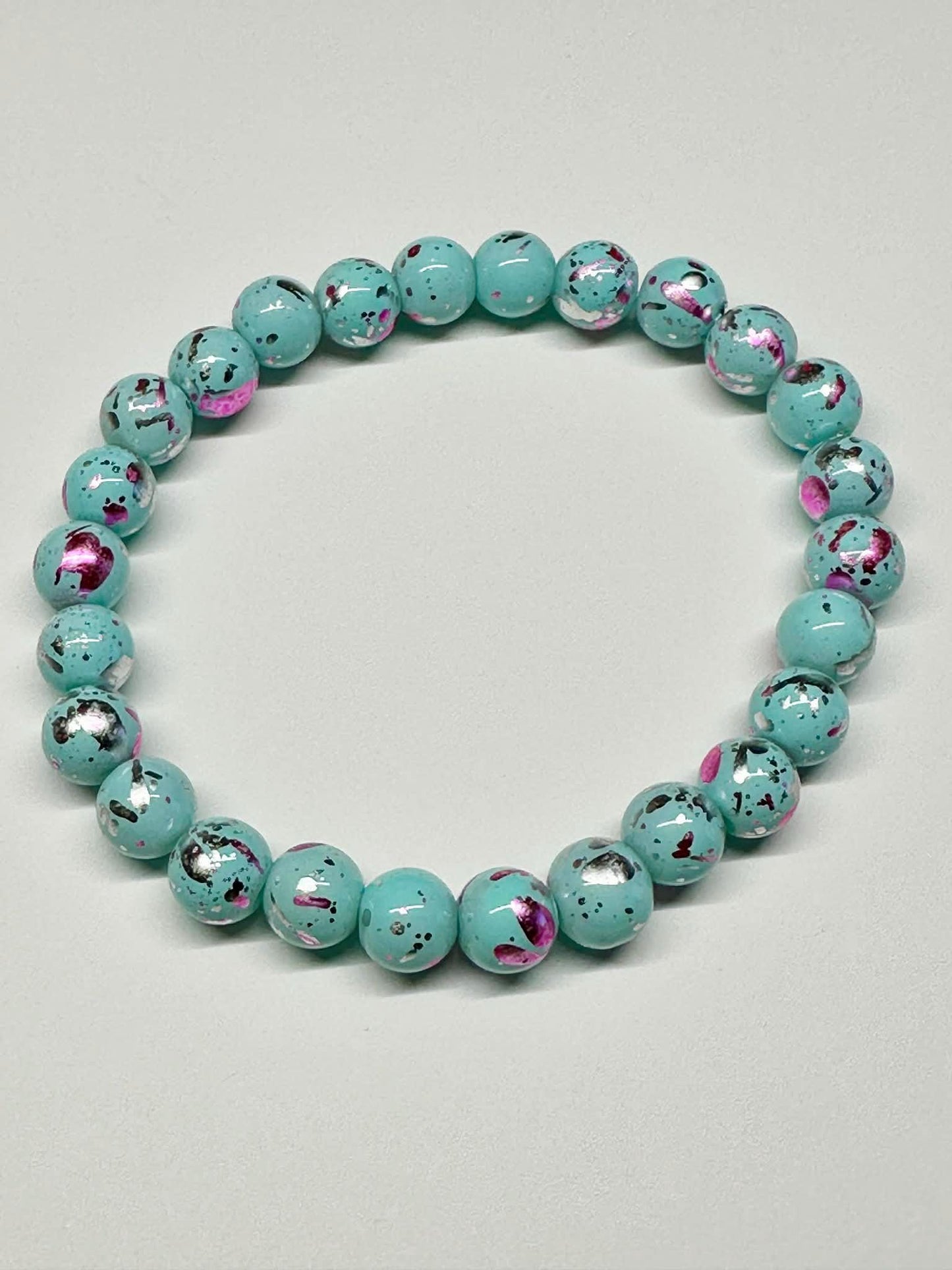 Single Strand Turquoise & Magenta Beaded Stretch Bracelet