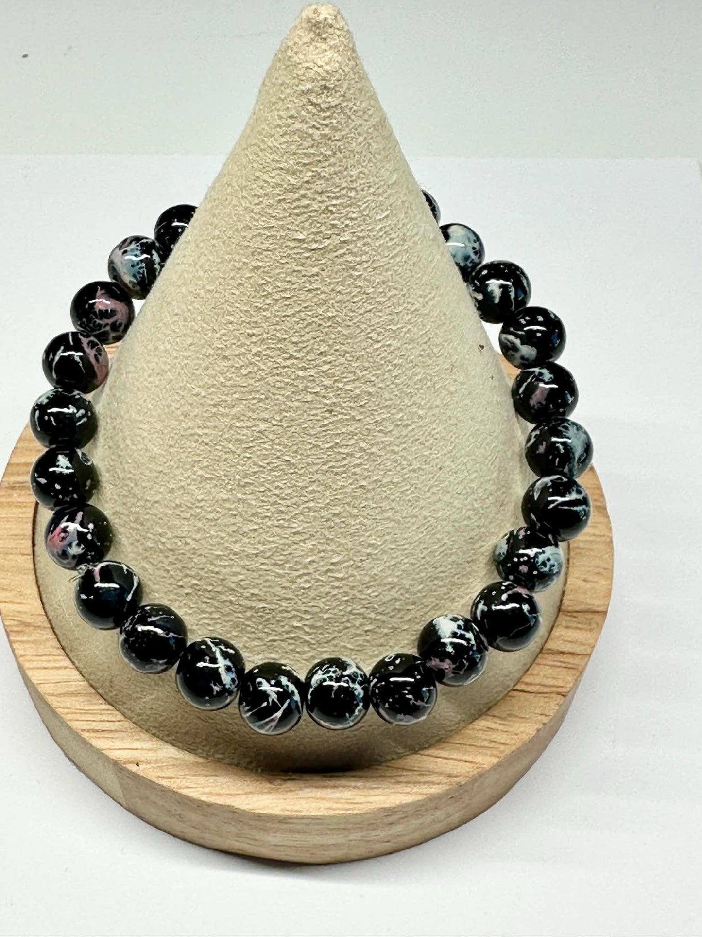 Single Strand Black, Gray & Pink Mixture Beaded Stretch Bracelet