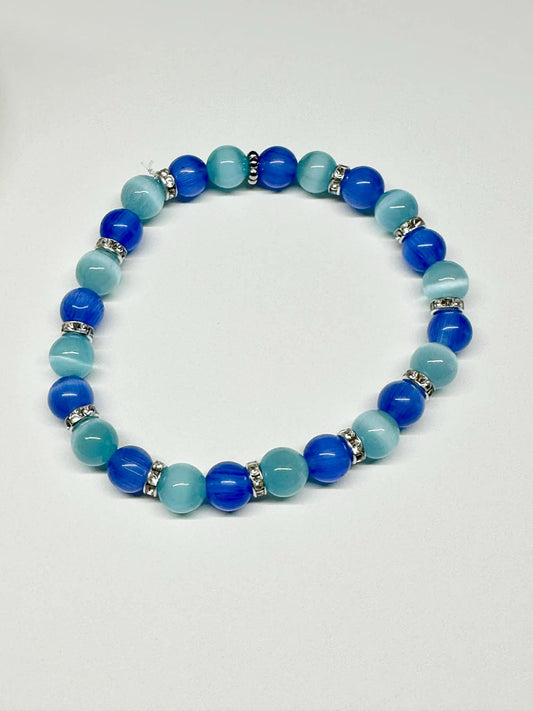 Single Strand Blue Tigers Eye Mixture Beaded Stretch Bracelet