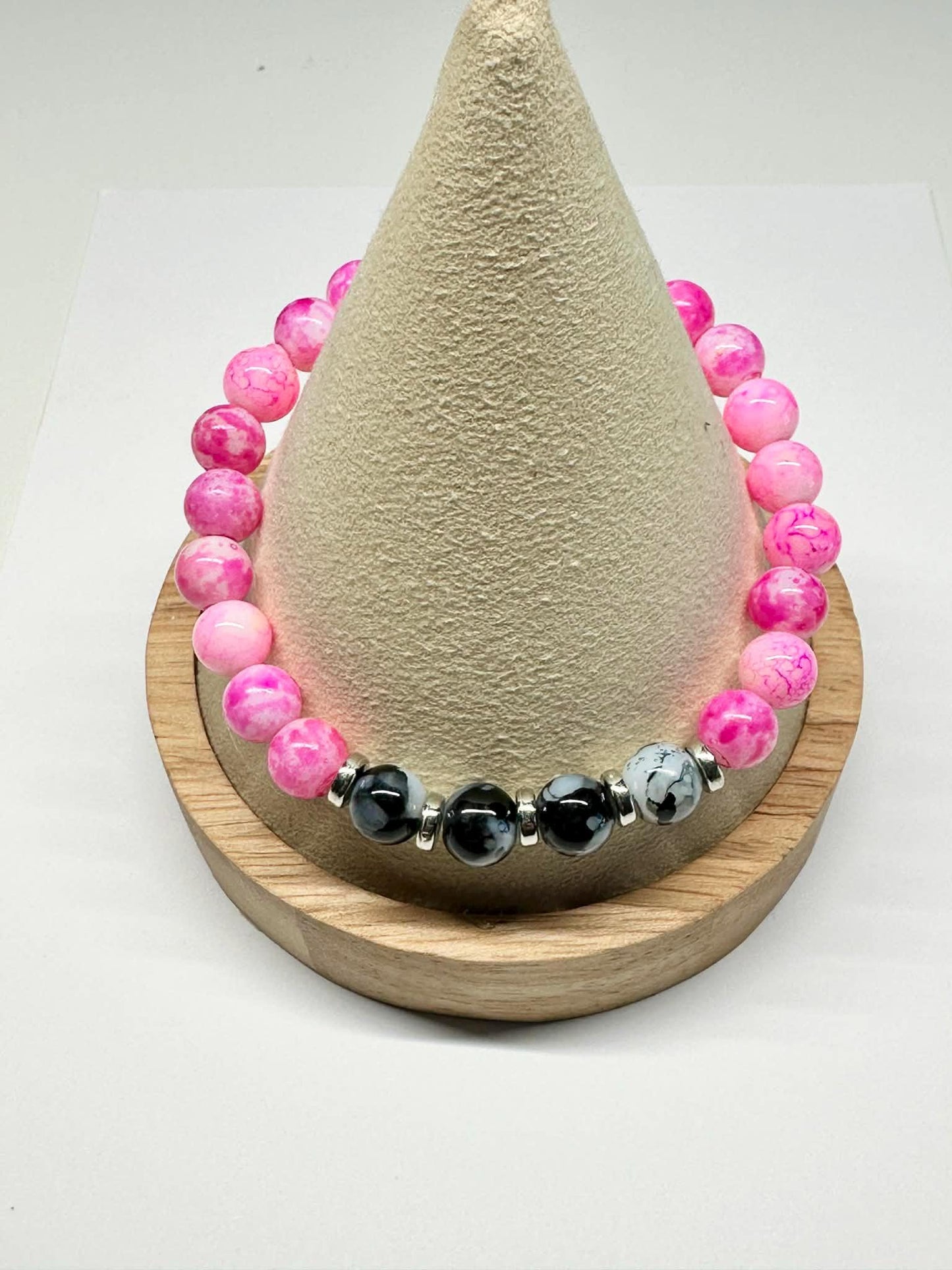 Single Strand Pink & Black Marble Stretch Bracelet