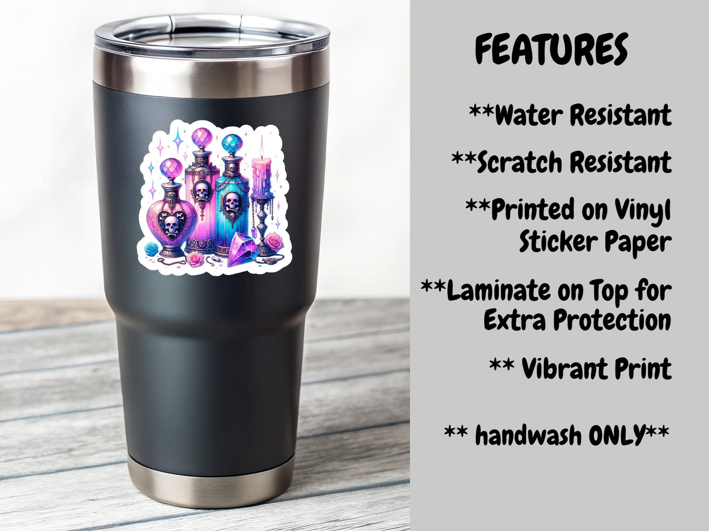 Dark Gothic Pink & Turquoise Potion Bottles With Skulls Sticker