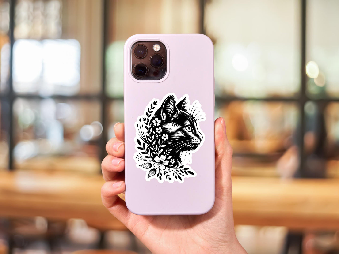 Black Cat Outline With Flowers Sticker