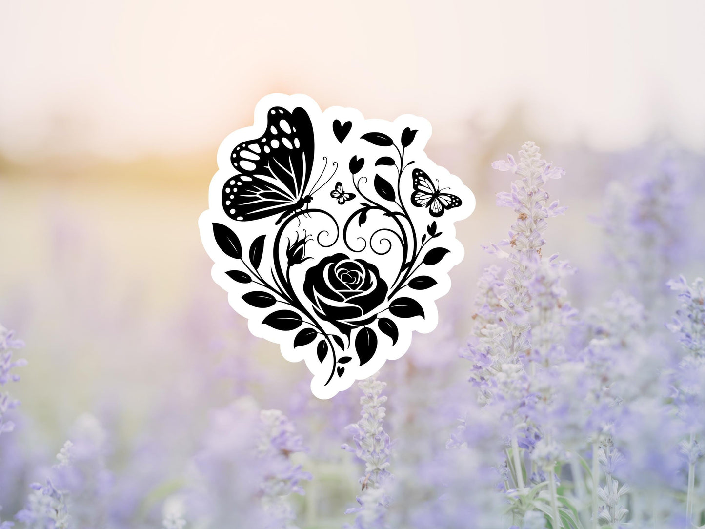 Black Outline Butterfly And Rose Sticker
