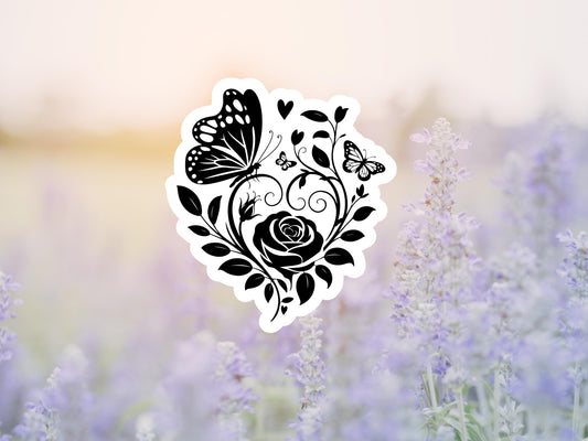 Black Outline Butterfly And Rose Sticker