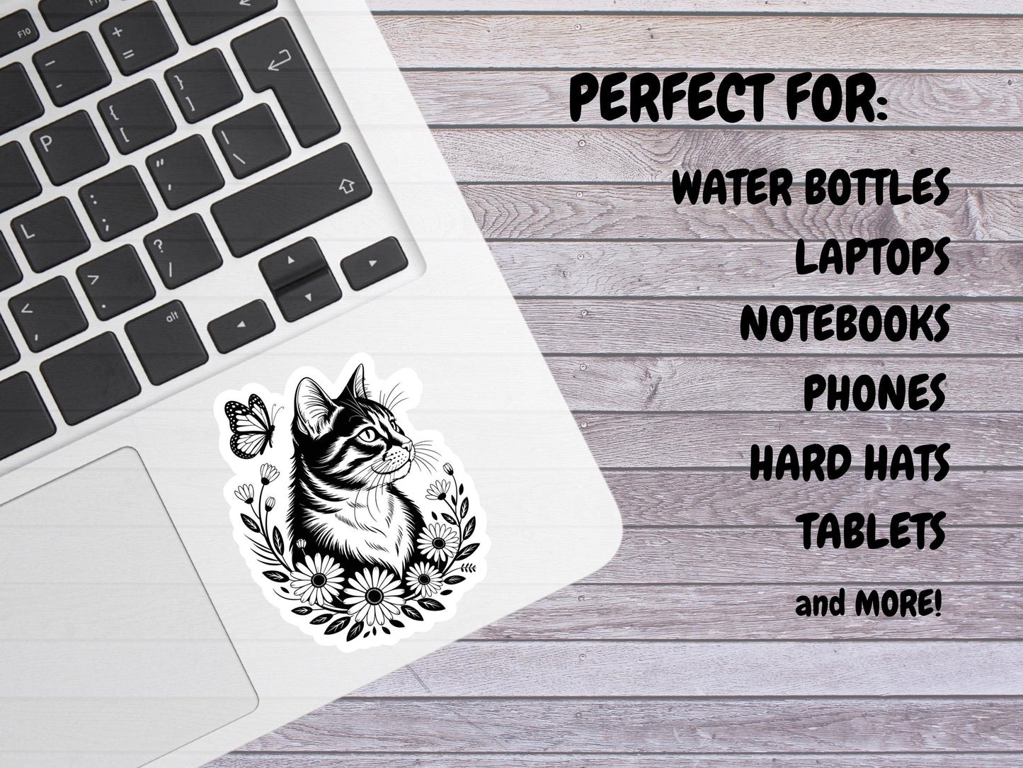 Black Outline Floral Cat And Butterfly Sticker