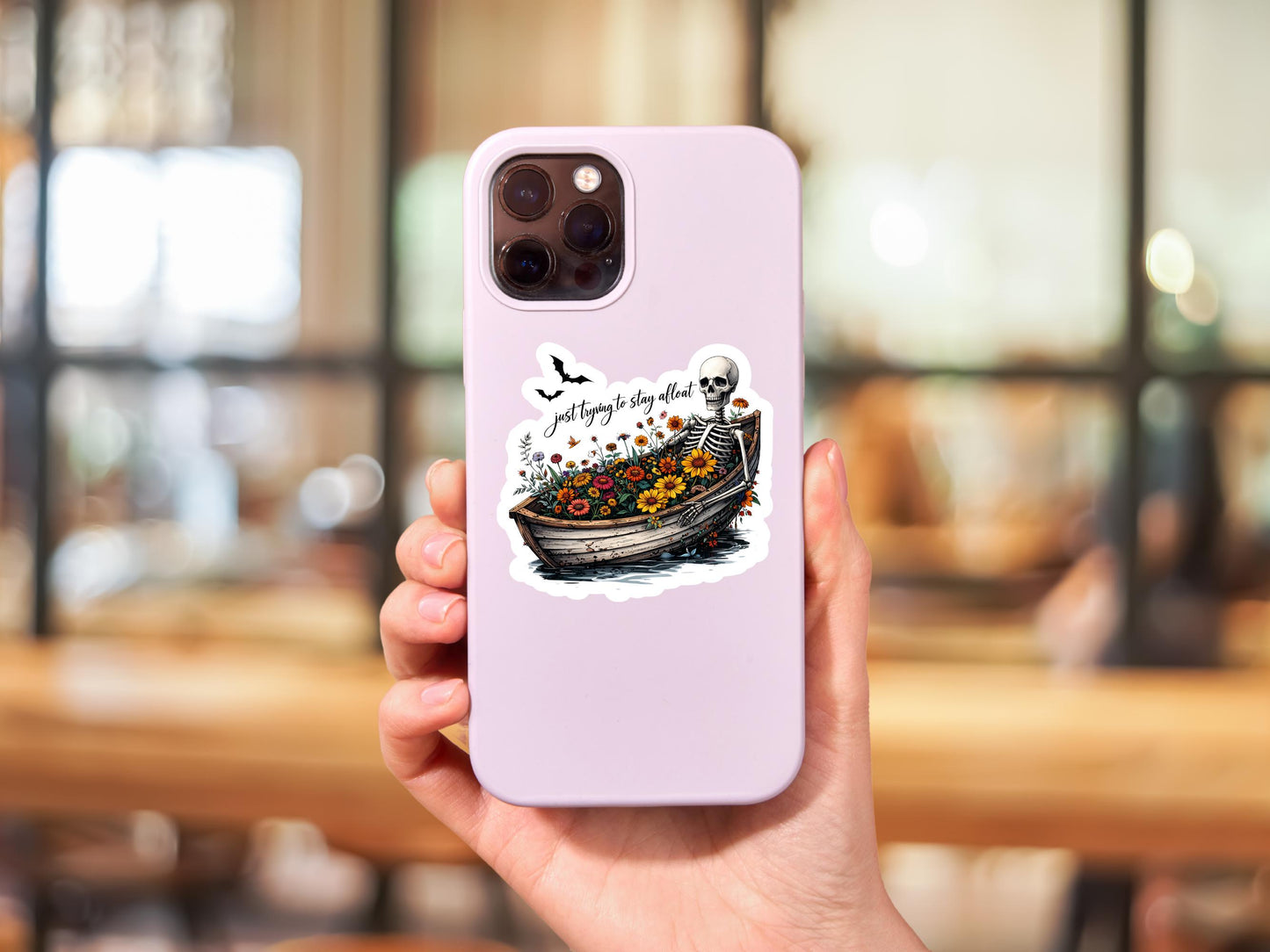 Just Trying To Stay Afloat Skeleton With Flowers Sticker