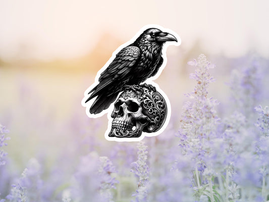 Dark Gothic Black Crow On Top Of Skull Sticker