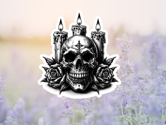Dark Gothic Skull And Candles With Roses Sticker