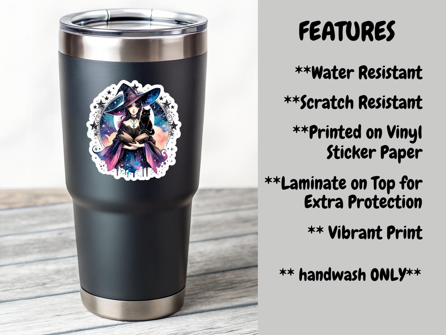 Gothic Watercolor Witch And Black Cat Reading Sticker