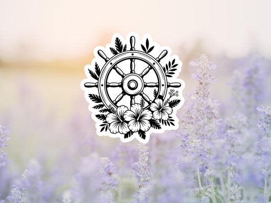 Black Outline Nautical Ship Wheel And Flowers Sticker