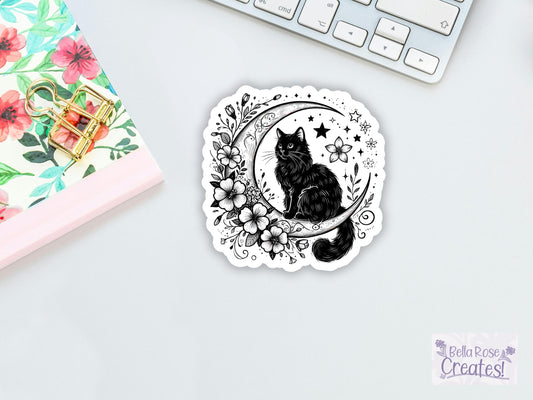 Black Cat Sitting On Moon With Flowers Sticker