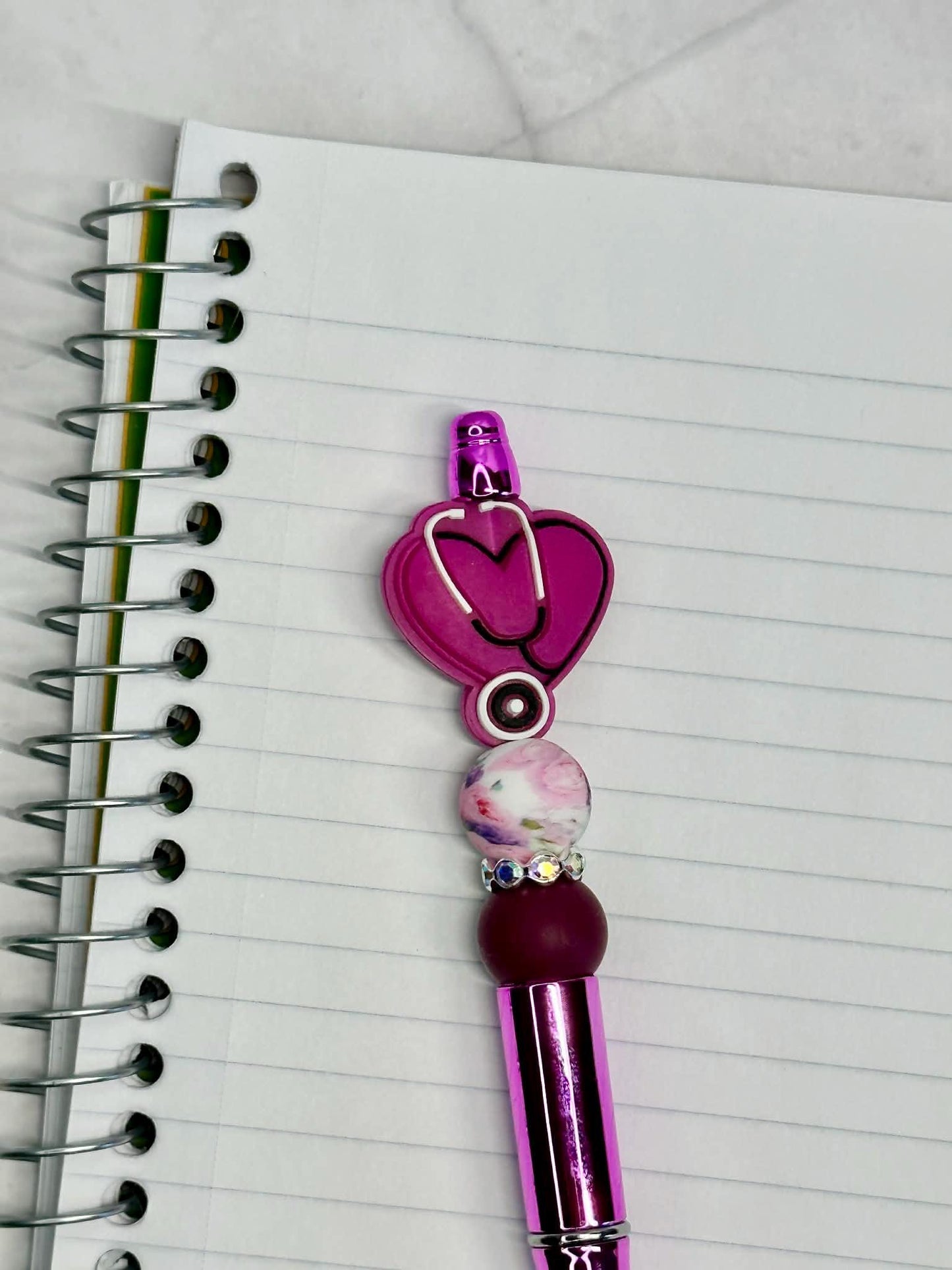 Nurse Heart With Stethoscope Magenta/Pink Beaded Ink Pen