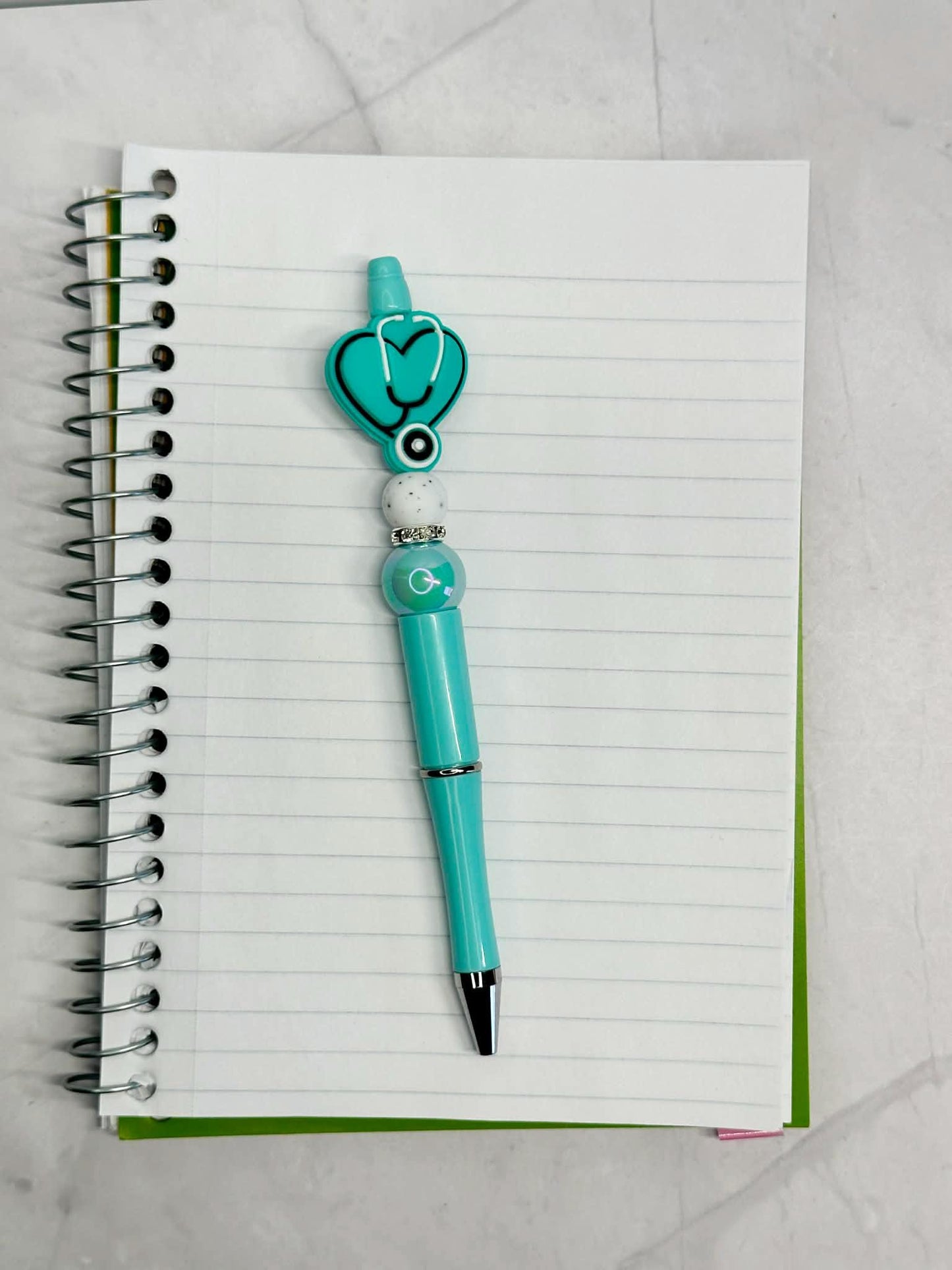 Teal/Turquoise Nurse Heart with Stethoscope Beaded Ink Pen