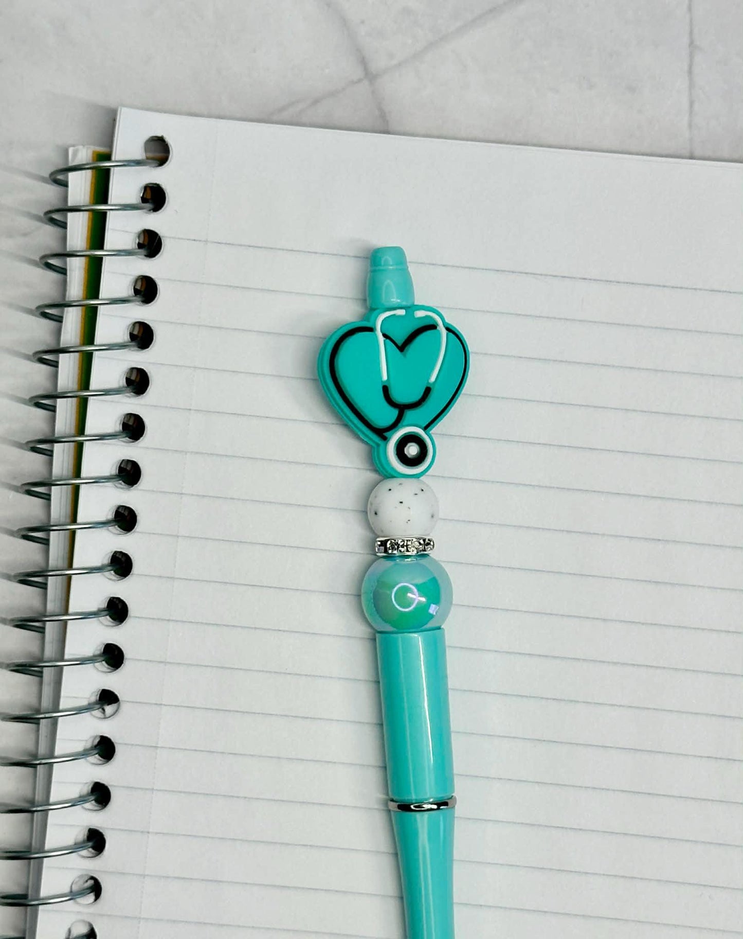 Teal/Turquoise Nurse Heart with Stethoscope Beaded Ink Pen