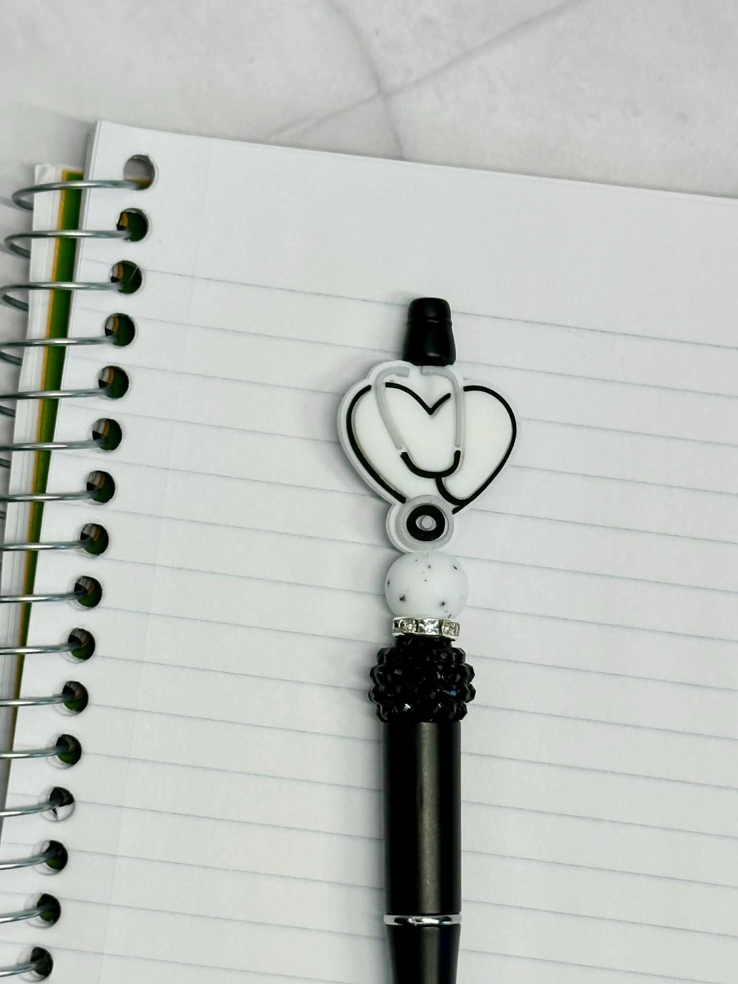 White Nurse Heart with Stethoscope Beaded Ink Pen