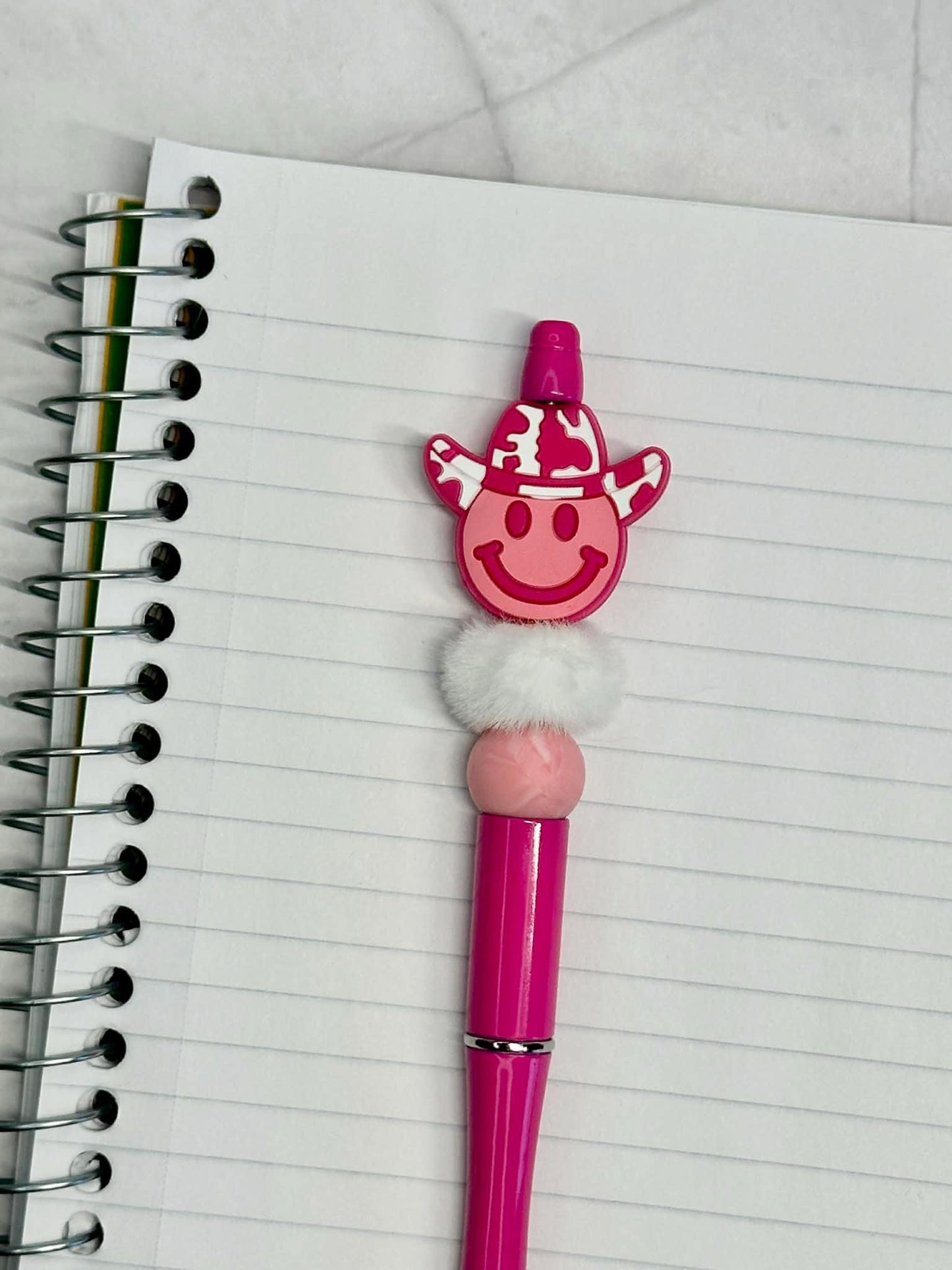 Pink Smiley Face With Cowboy Hat Beaded Ink Pen