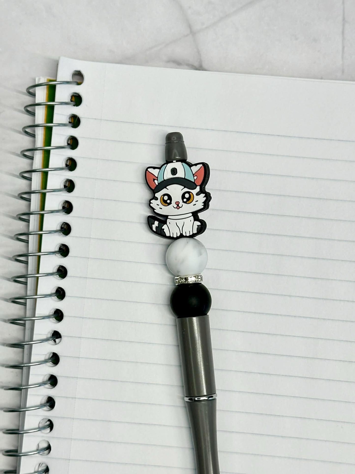 White Cat With Baseball Cap Beaded Ink Pen