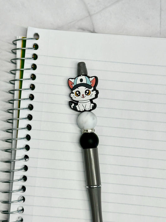 White Cat With Baseball Cap Beaded Ink Pen