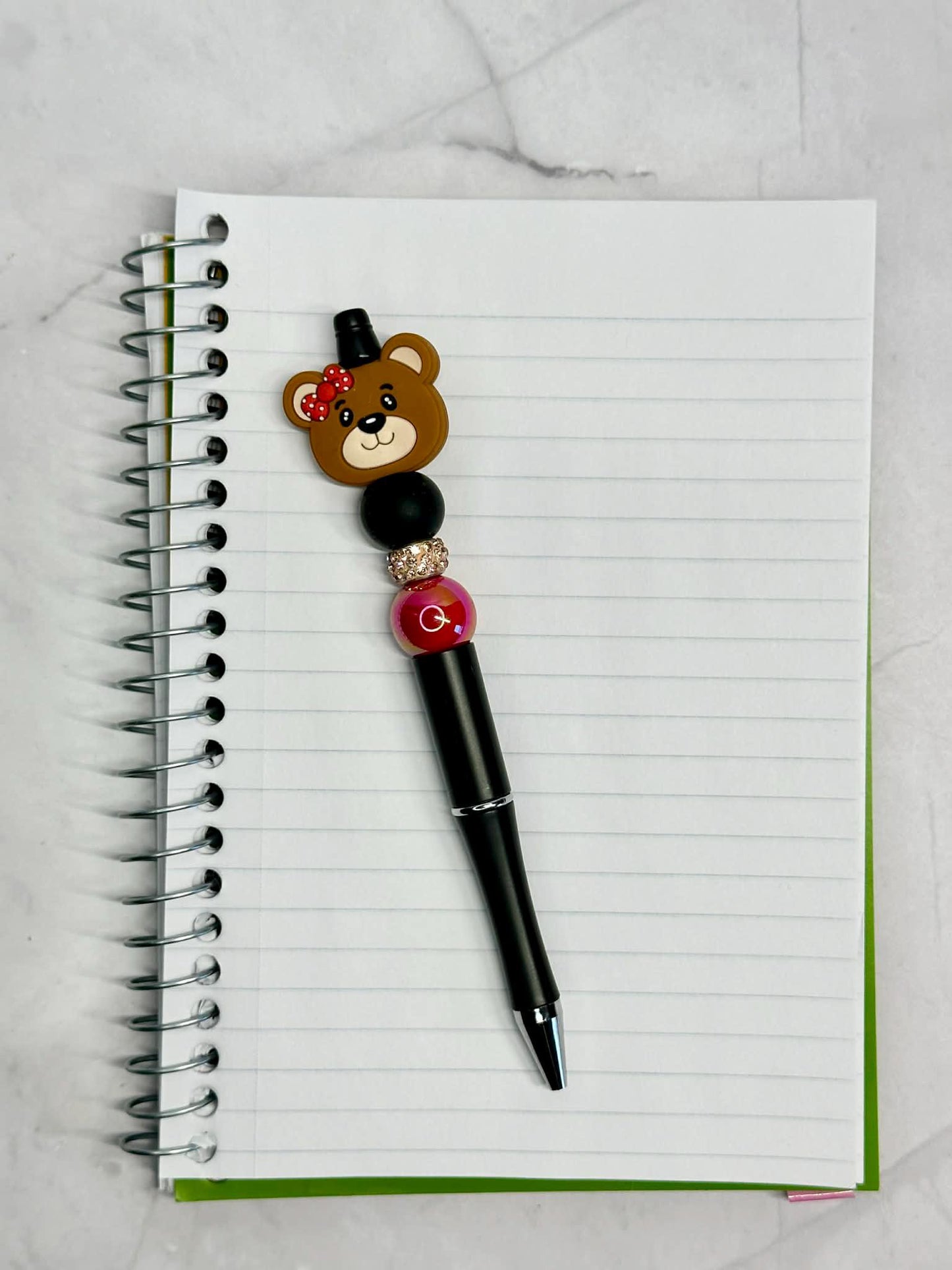 Brown Bear With Red Bow Beaded Ink Pen