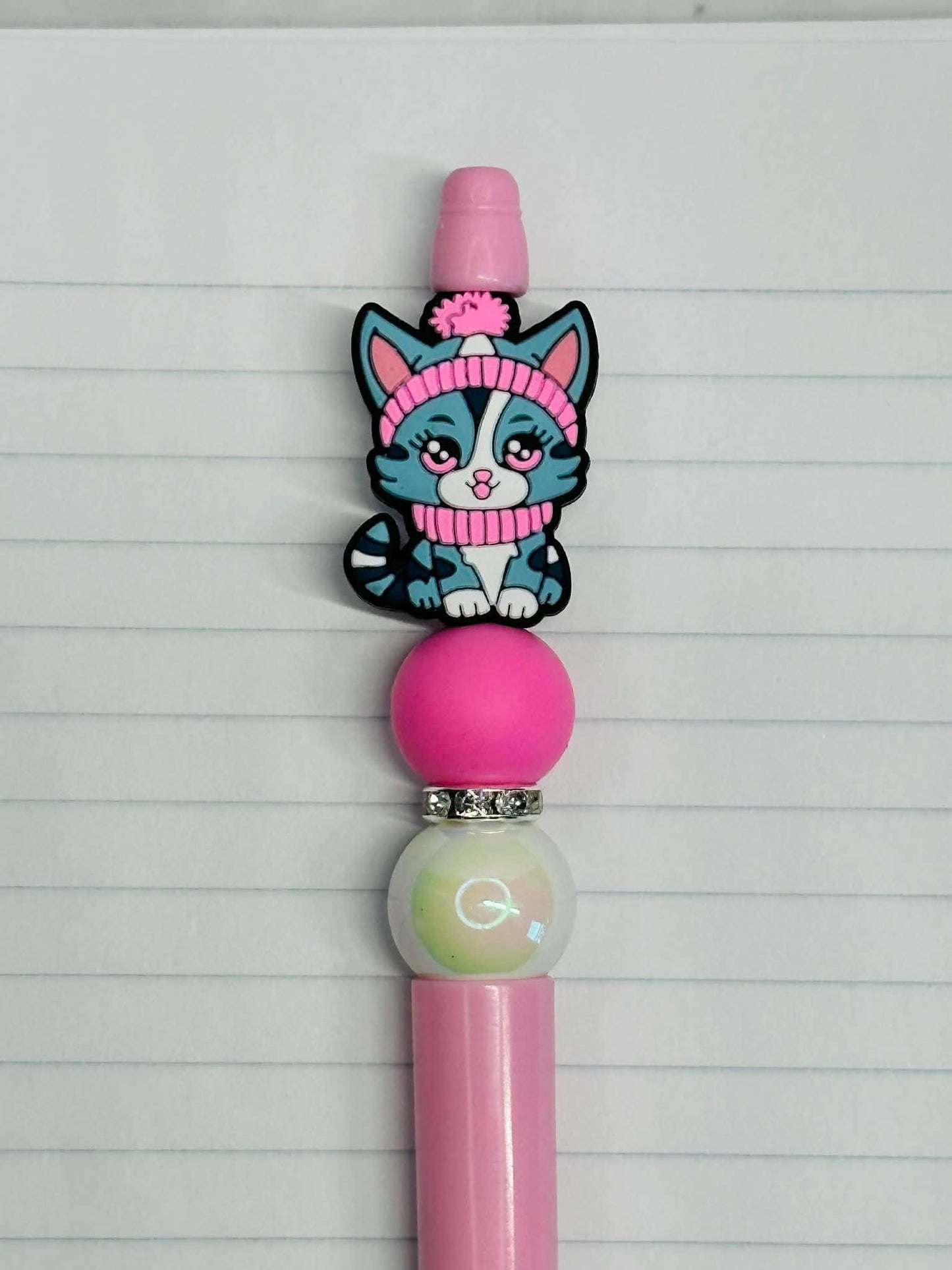 Pink And Gray Cat Beaded Ink Pen