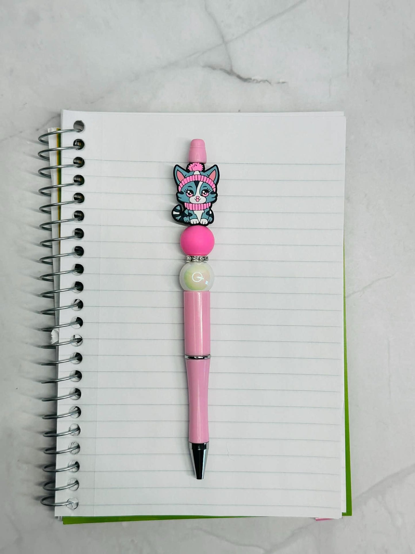 Pink And Gray Cat Beaded Ink Pen