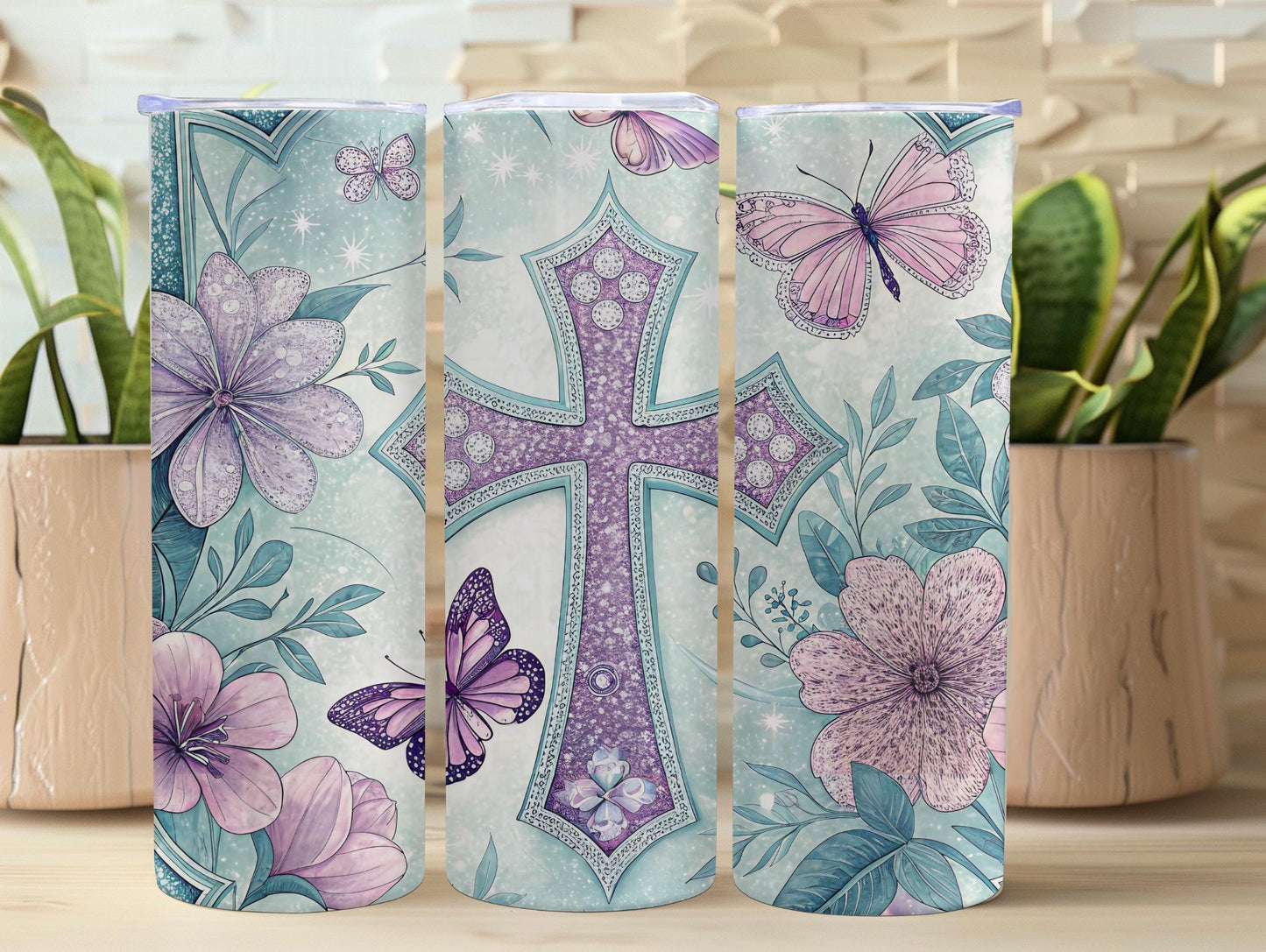 Purple Faux Glitter Cross & Flowers 20oz Tumbler