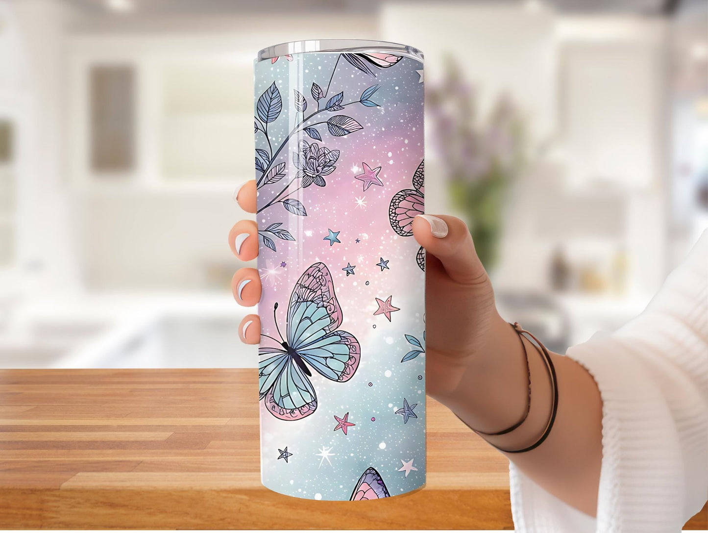 Ombre Pink Roses and Butterflies 20oz Tumbler