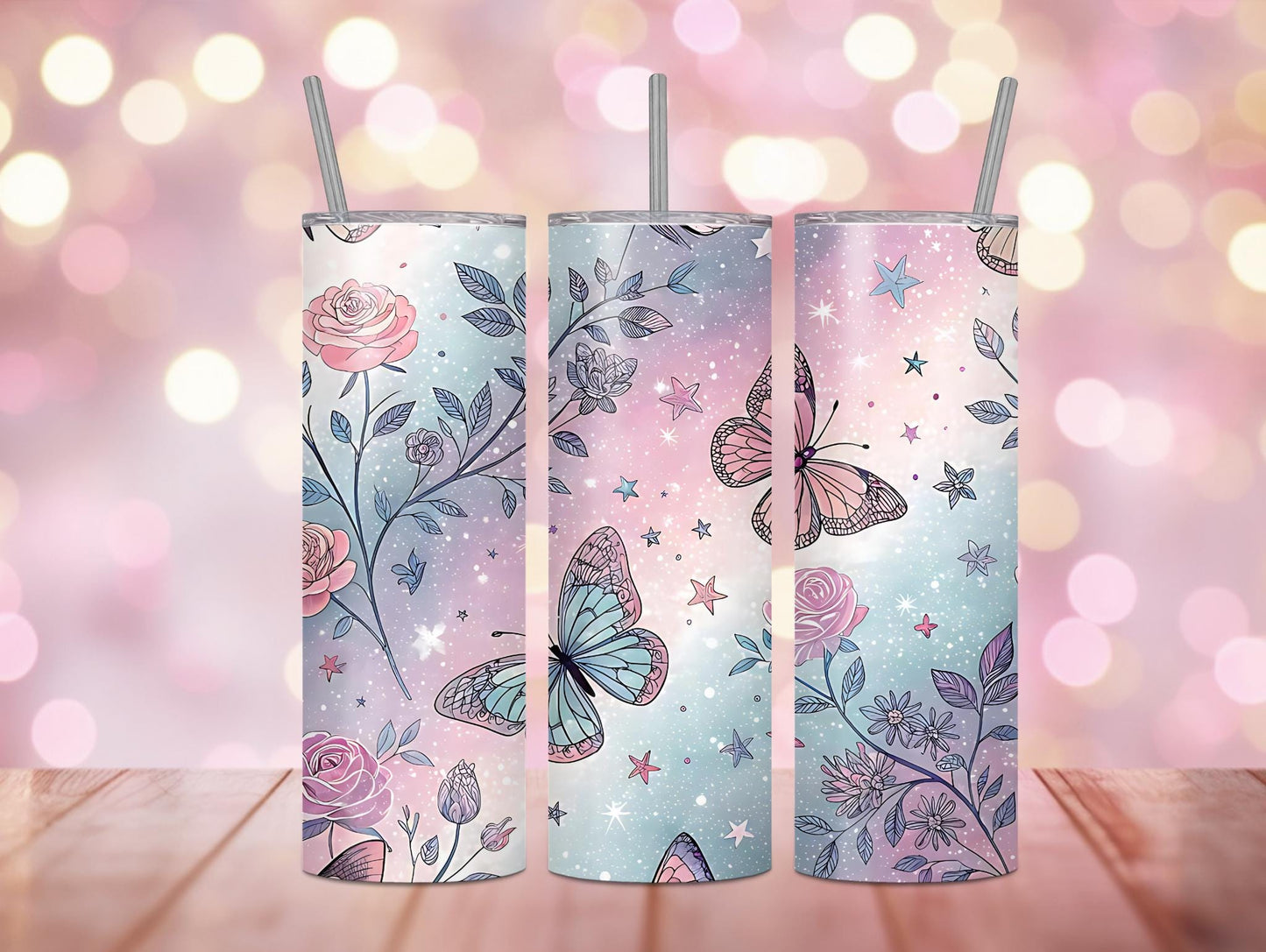Ombre Pink Roses and Butterflies 20oz Tumbler