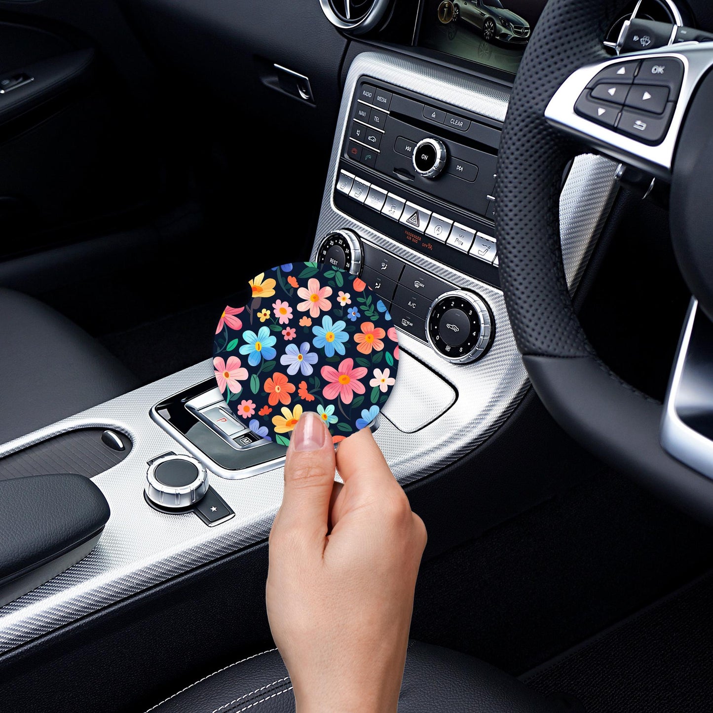 Multi Color Flowers Neoprene Car Coaster