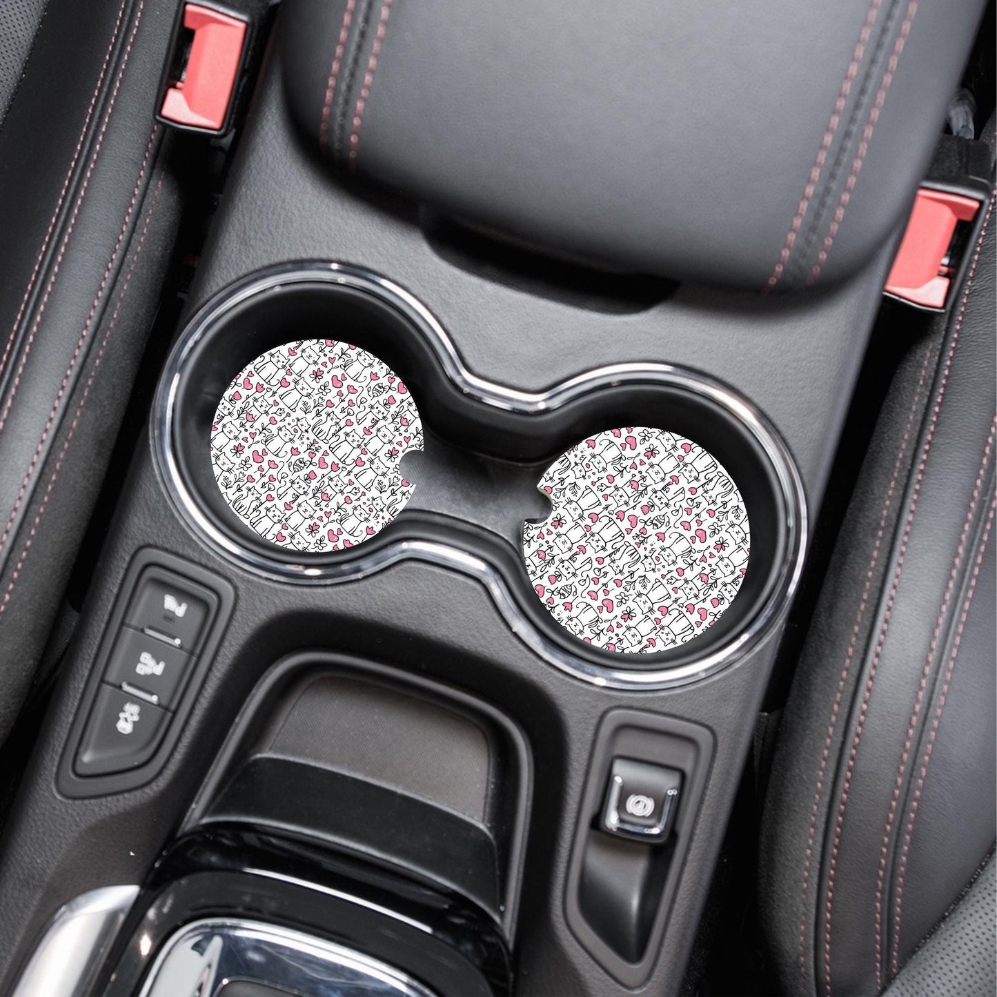 Cats and Pink Hearts Neoprene Car Coaster