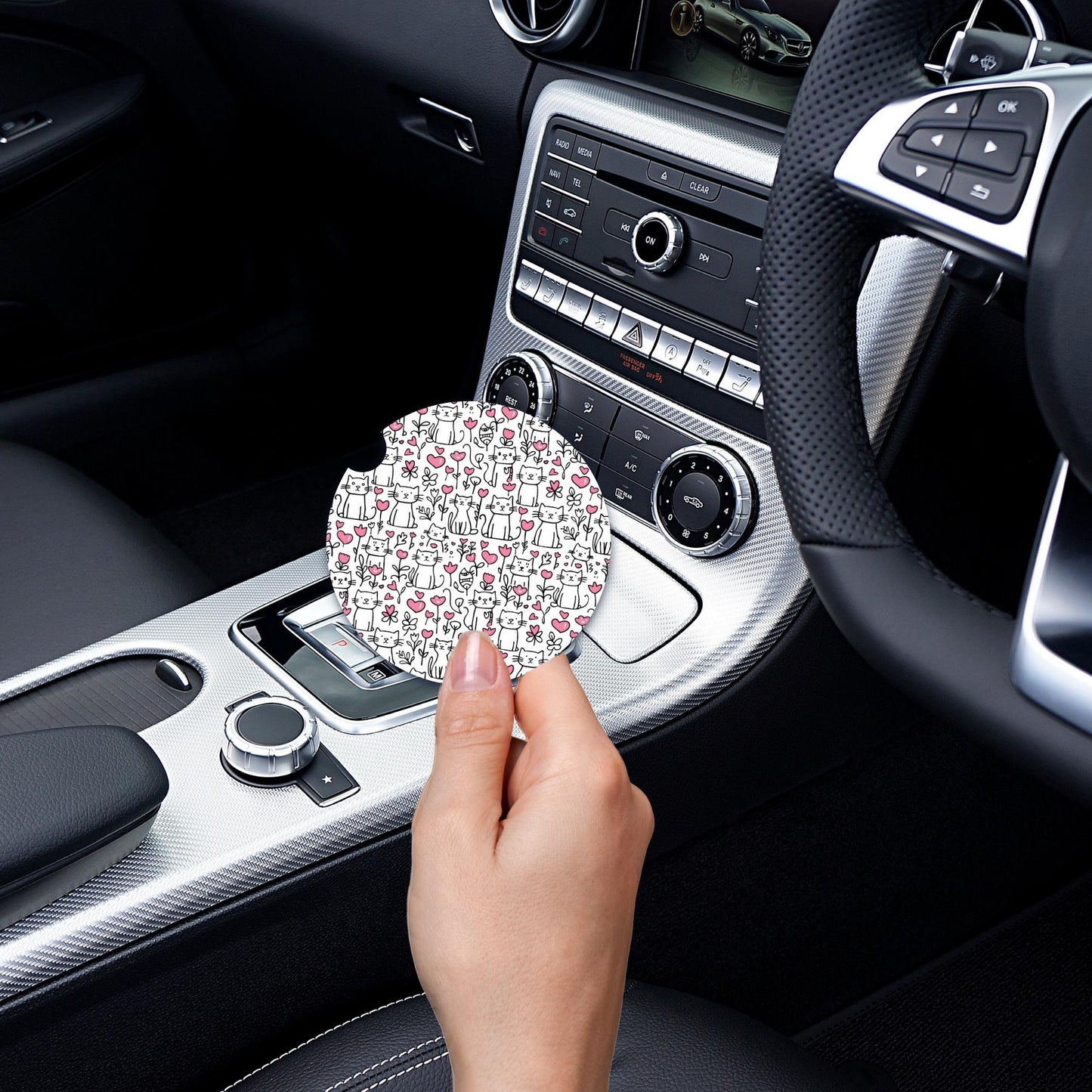 Cats and Pink Hearts Neoprene Car Coaster