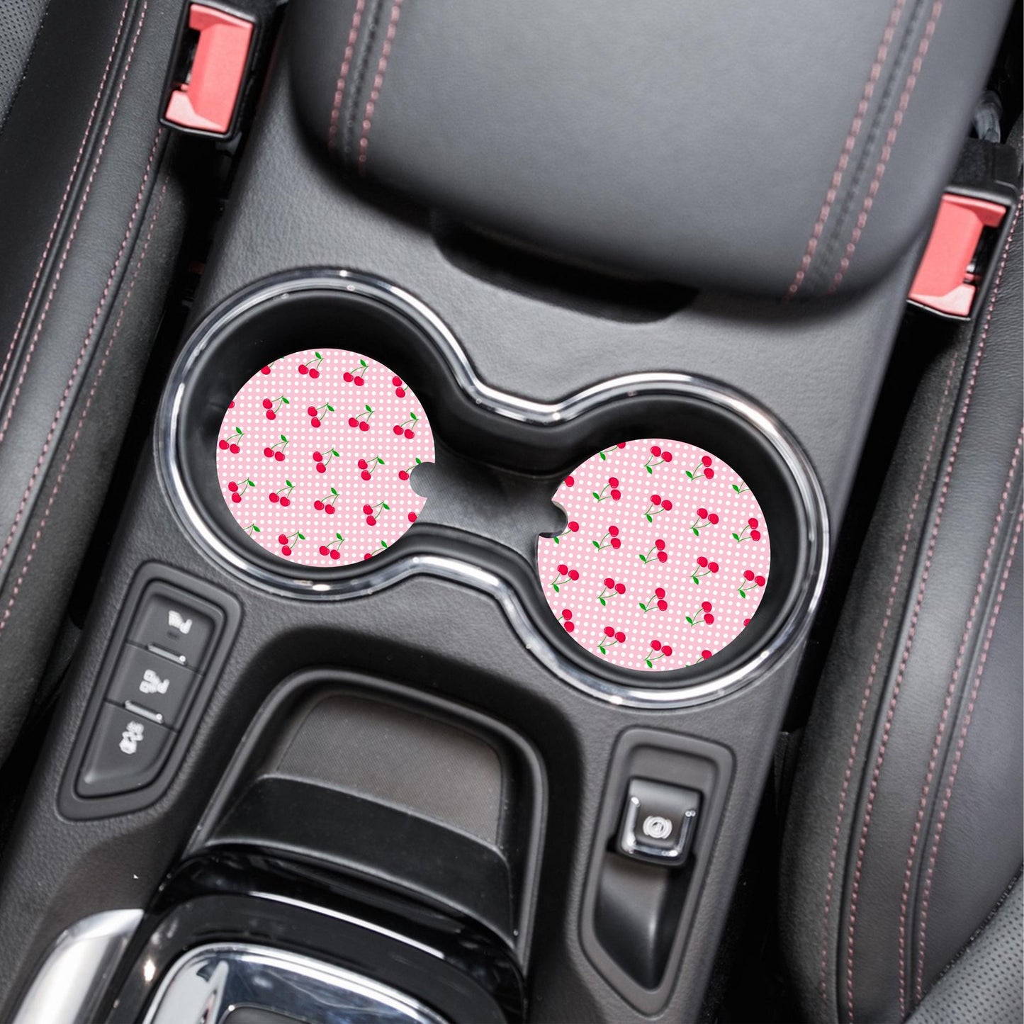 Cherries With Pink And White Dots Neoprene Car Coaster