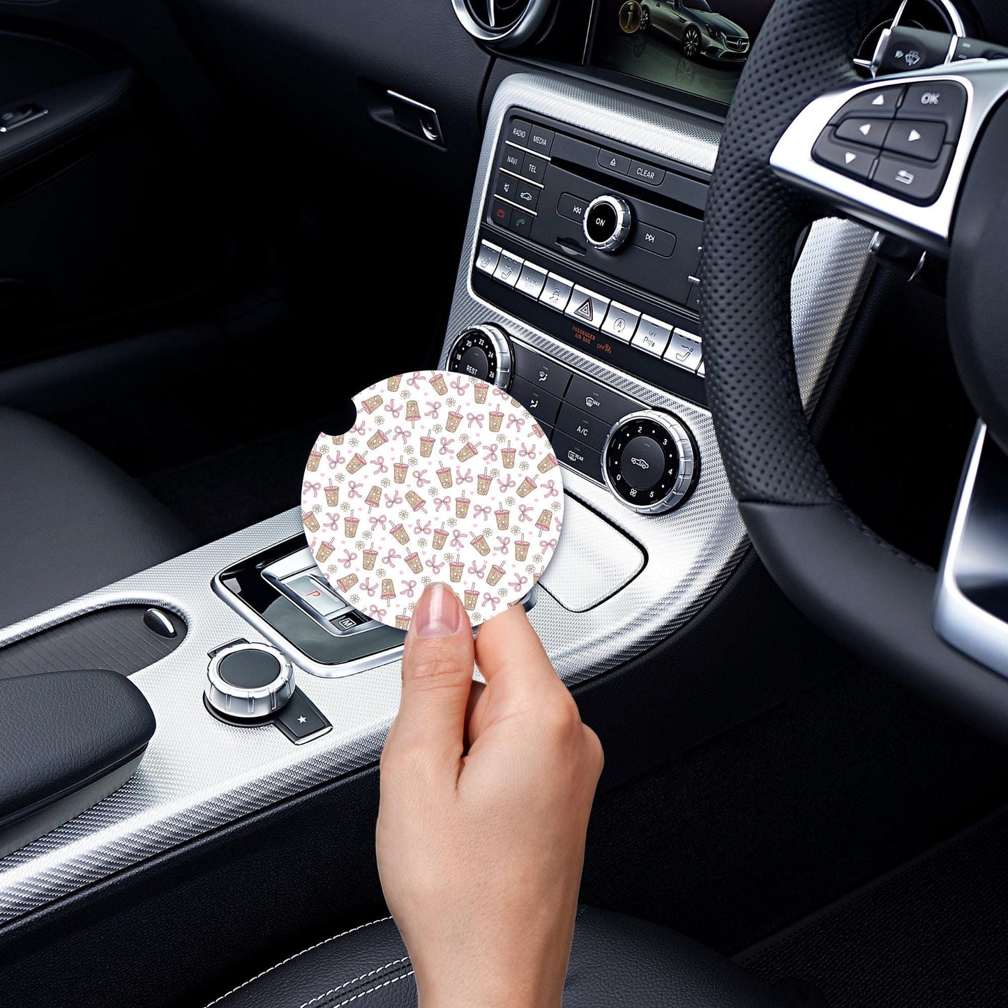 Iced Coffee And Pink Bows Neoprene Car Coaster