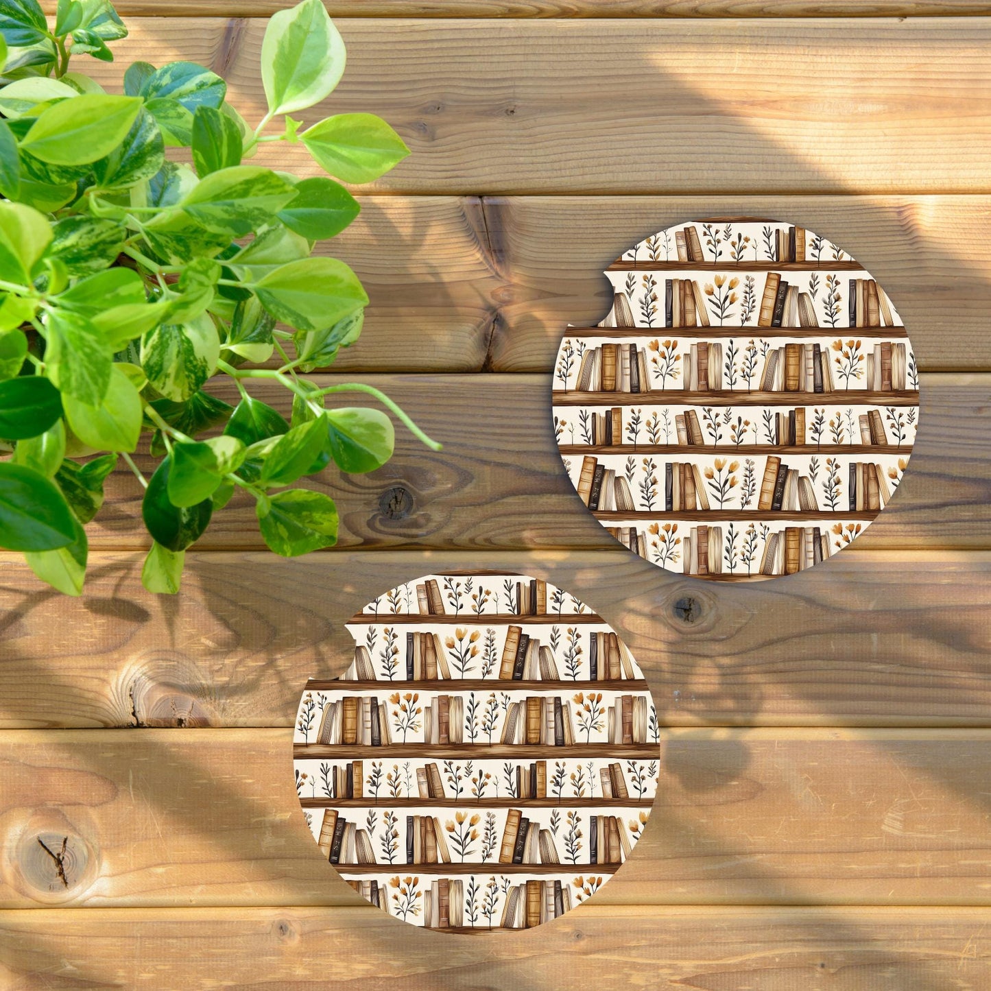 Stack Of Books and Flowers Neoprene Car Coaster