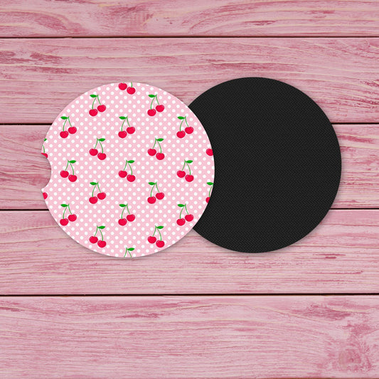 Cherries With Pink And White Dots Neoprene Car Coaster