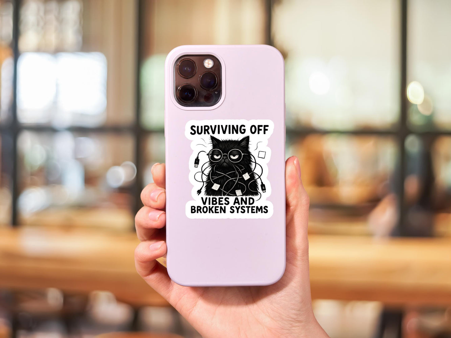 Surviving Off Vibes and Broken Systems Black Cat Sticker