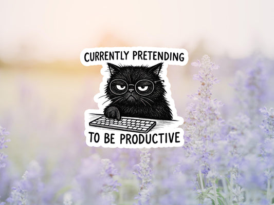 currently Pretending To Be Productive Black Cat Sticker