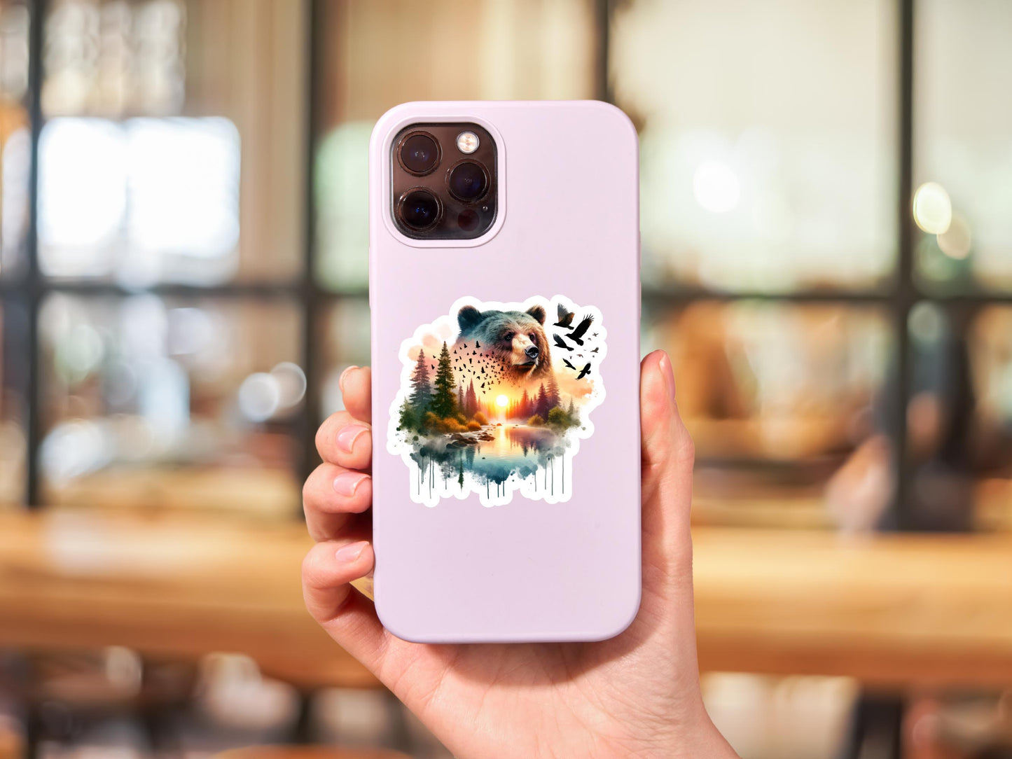 Bear And Forest Double Image Watercolor Sticker