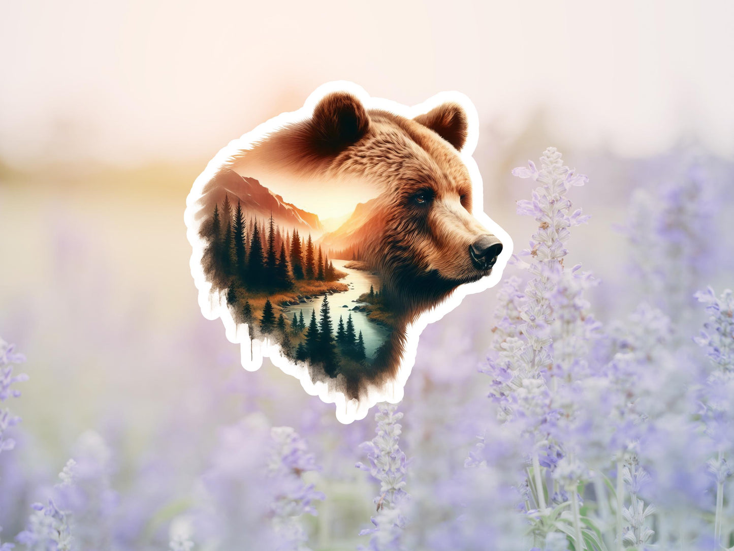 Bear And Forest River Double Image Watercolor Sticker