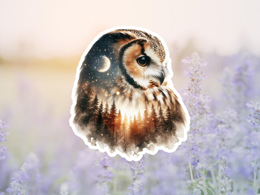 Owl And Forest River Double Image Watercolor Sticker