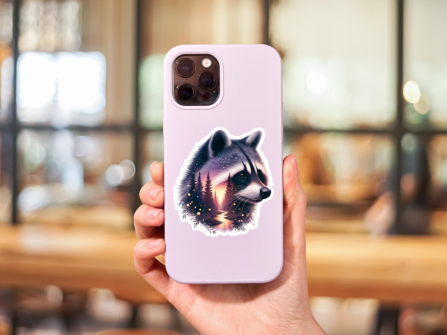 Raccoon And Forest River Double Image Watercolor Sticker