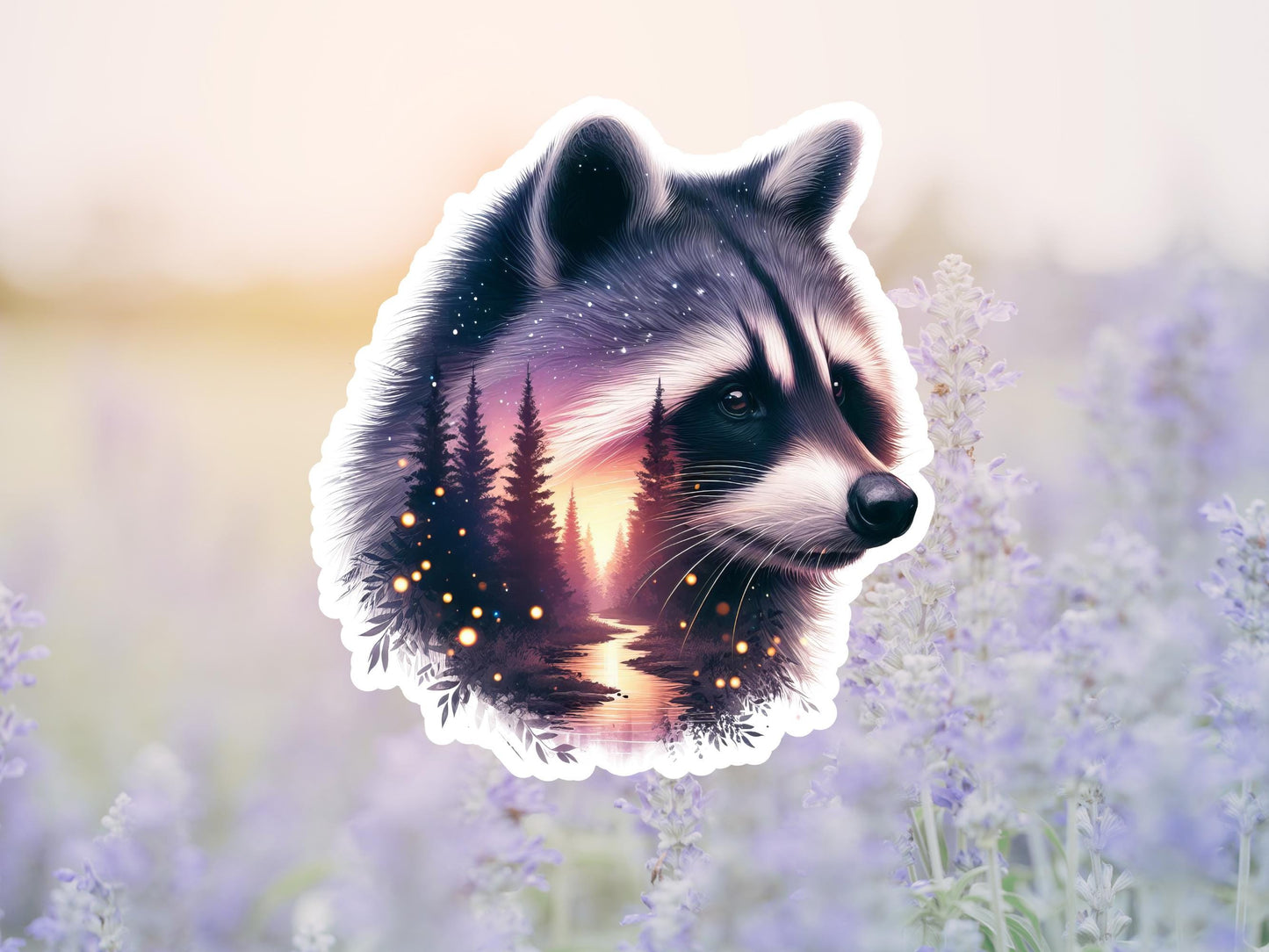 Raccoon And Forest River Double Image Watercolor Sticker