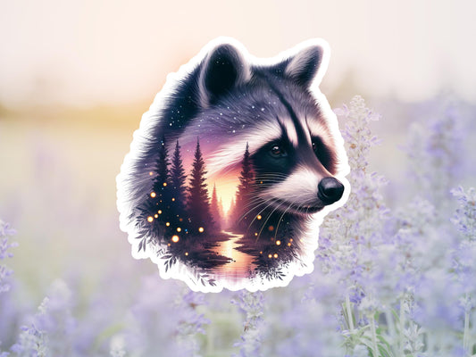 Raccoon And Forest River Double Image Watercolor Sticker