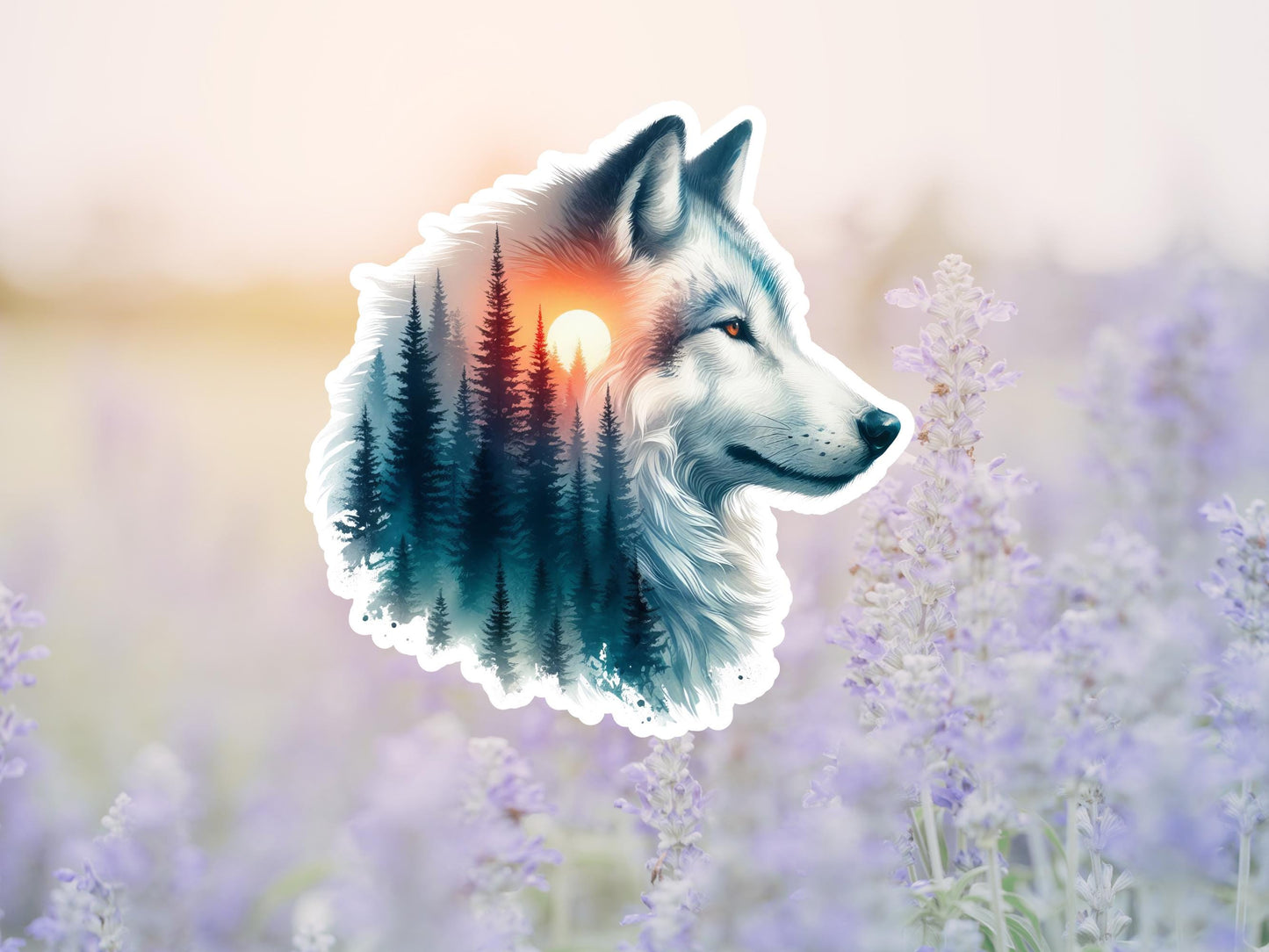 Wolf And Forest River Double Image Watercolor Sticker