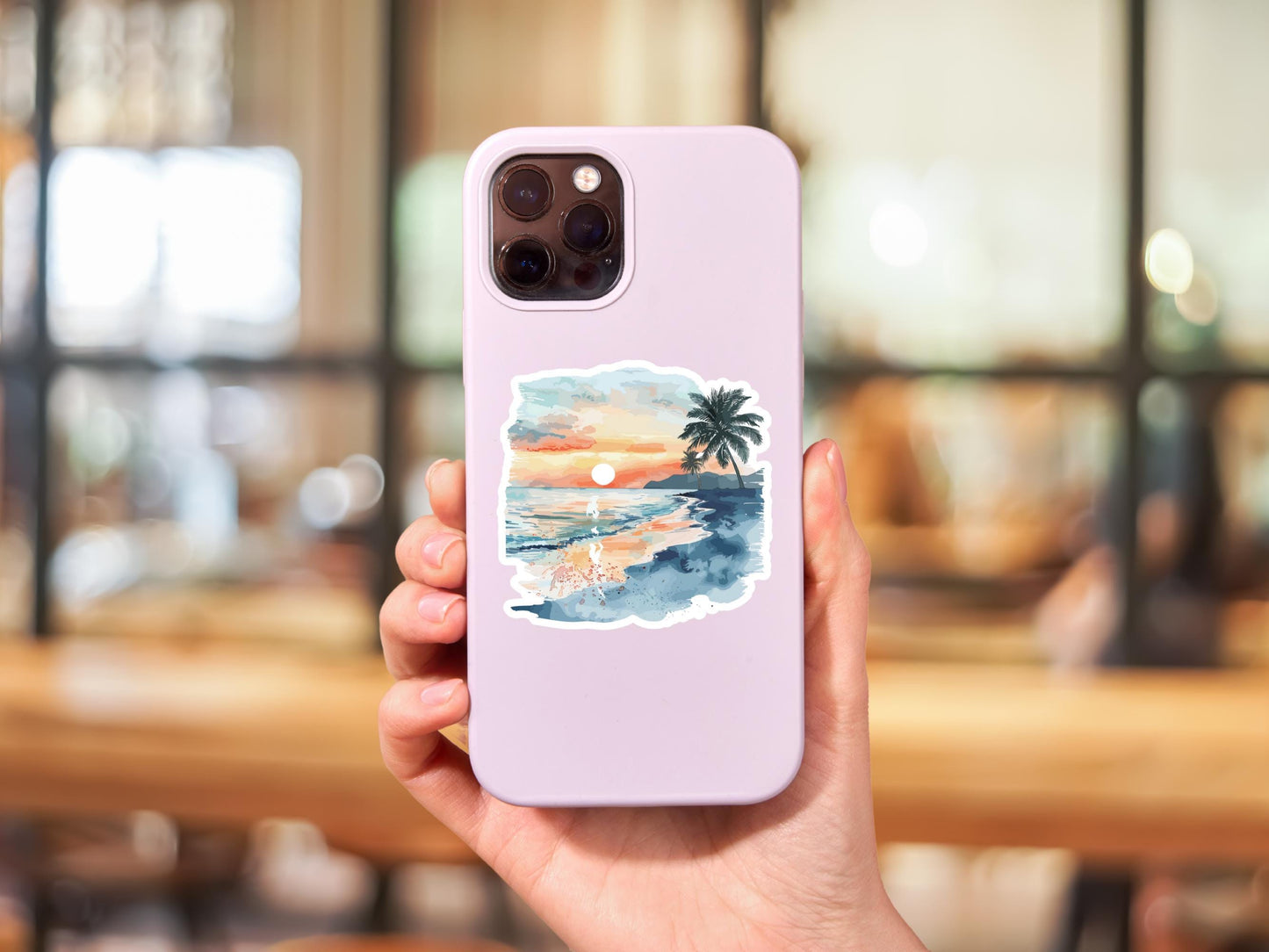Watercolor Ocean And Palm Tree Scene Sticker