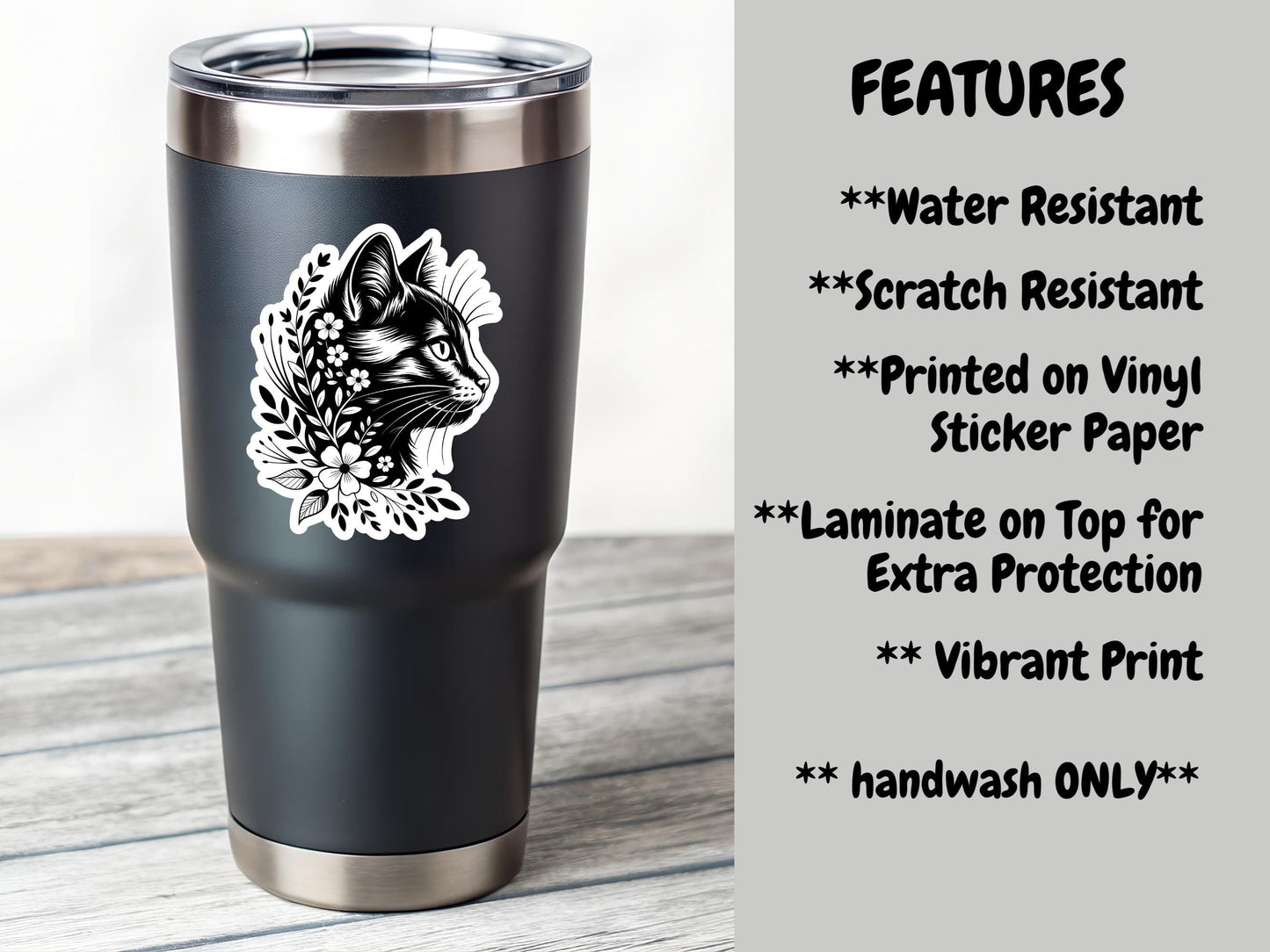 Black Cat Outline With Flowers Sticker
