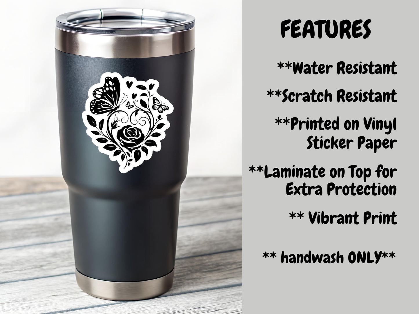 Black Outline Butterfly And Rose Sticker
